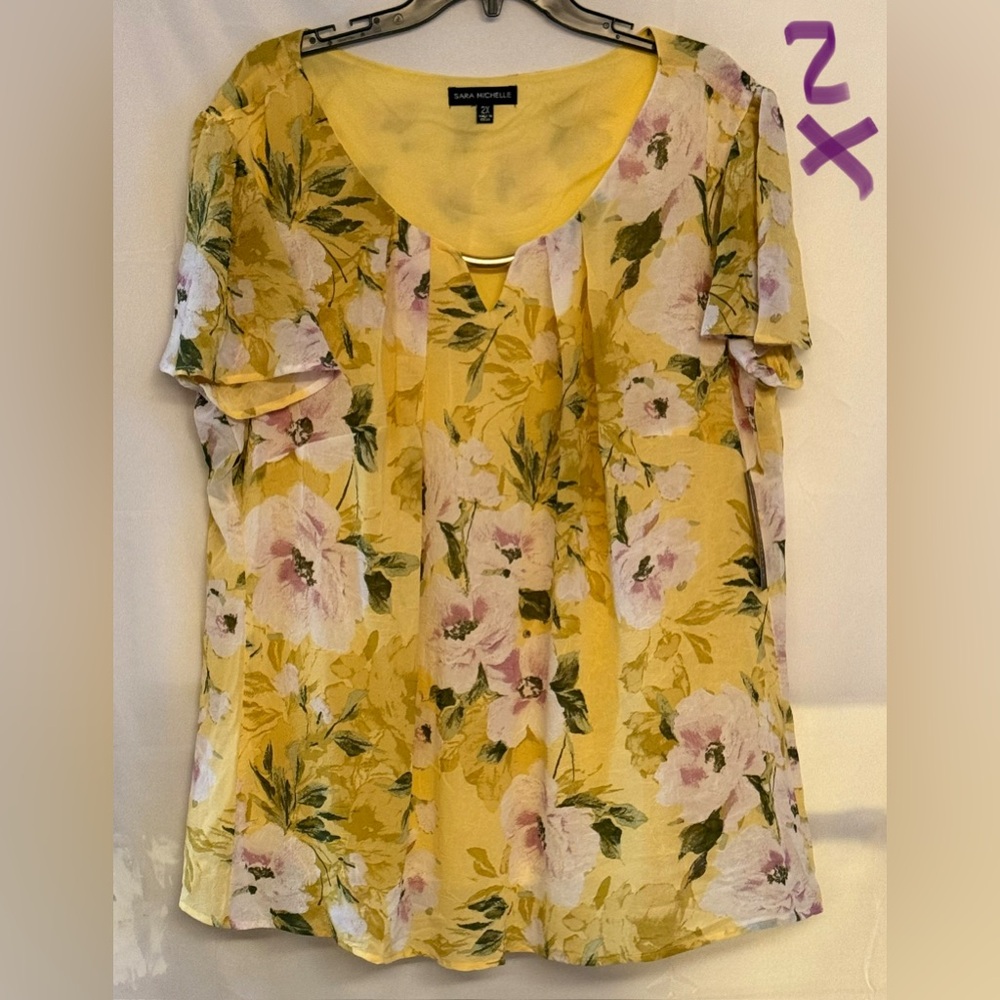 Sara Michelle Yellow Floral V-Neck Short Sleeve Tunic